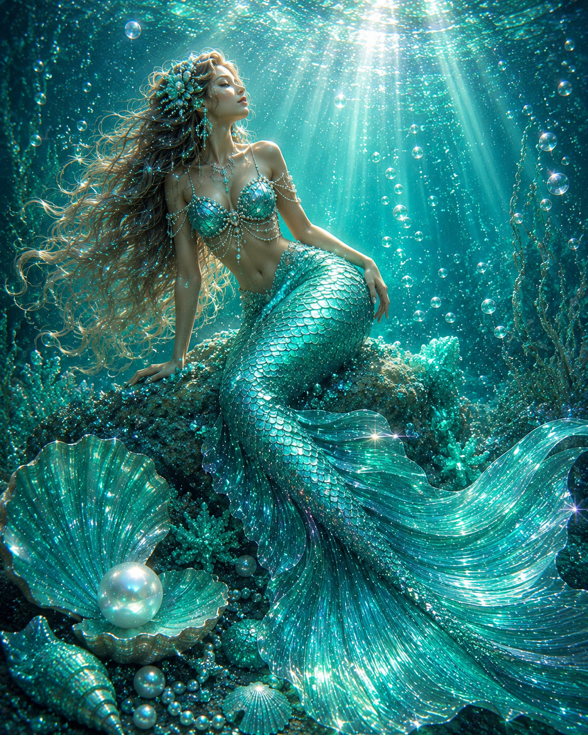 Sparkling Mermaid Green Wall Art Print 8x10 Framed